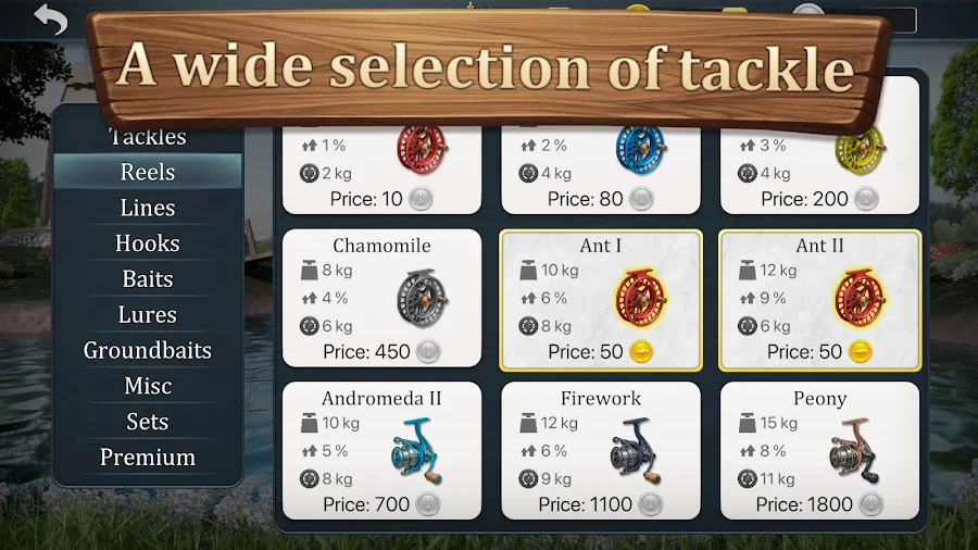 Menu de snastes de True Fishing 2 com carretos e linhas