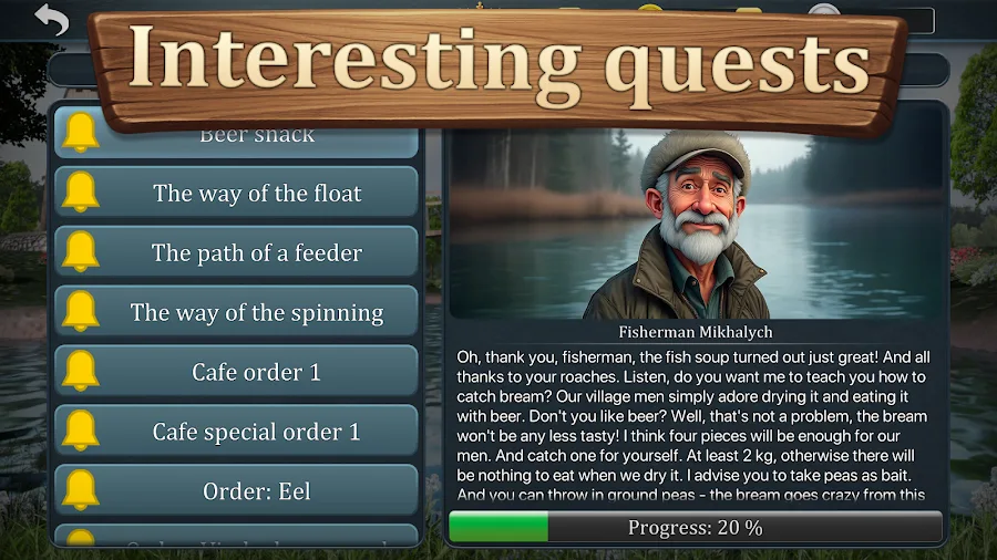 Lista de missões em True Fishing 2 com pedidos e progresso